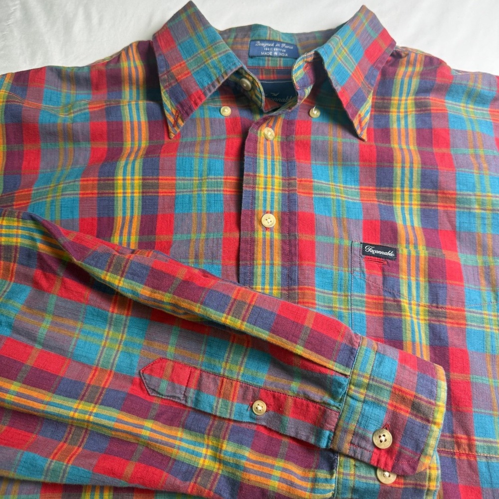 Faconnable Mens XL Plaid Button Down Shirt Multi Color Cotton Long Sleeve A8